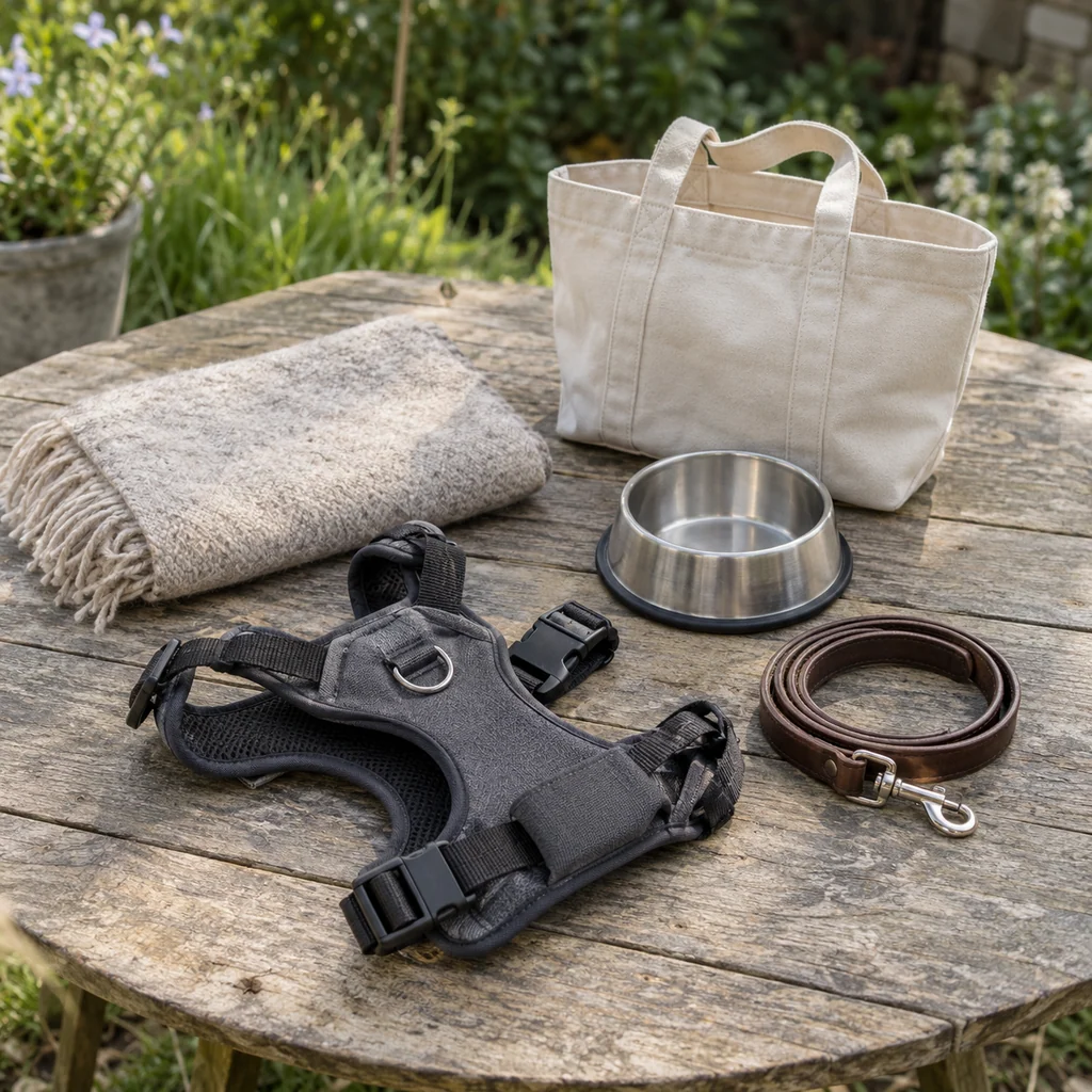 A harness, folded blanket, steel bowl, leather lead and canvas tote on a garden table