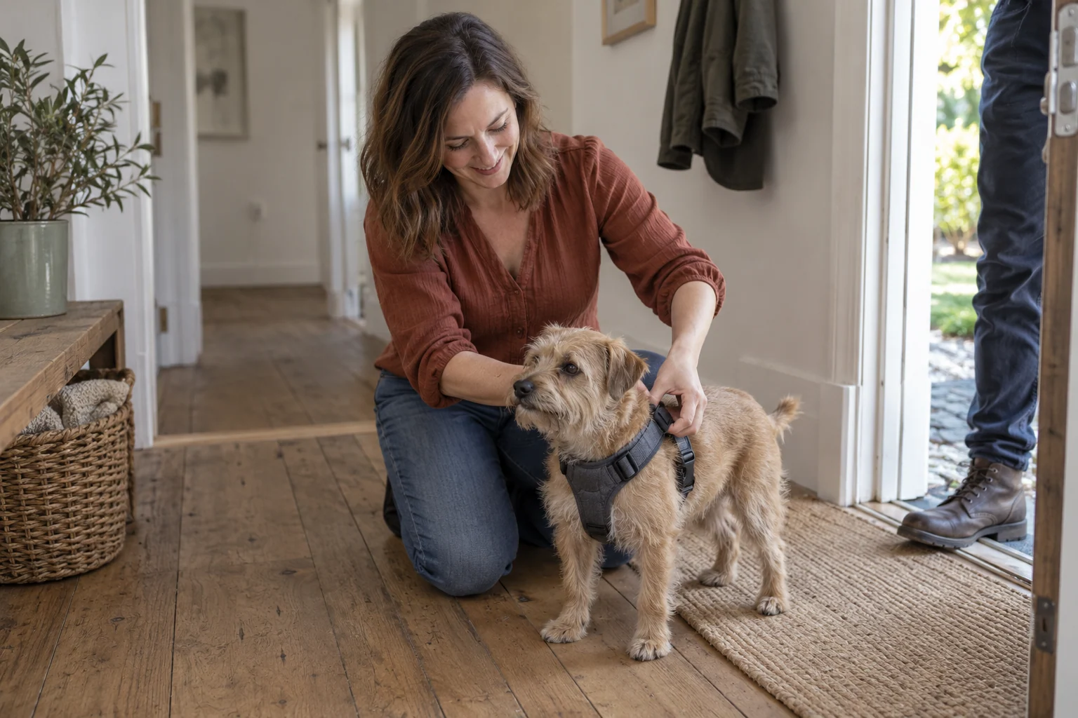 An owner fitting a padded harness on a small terrier by her front door
