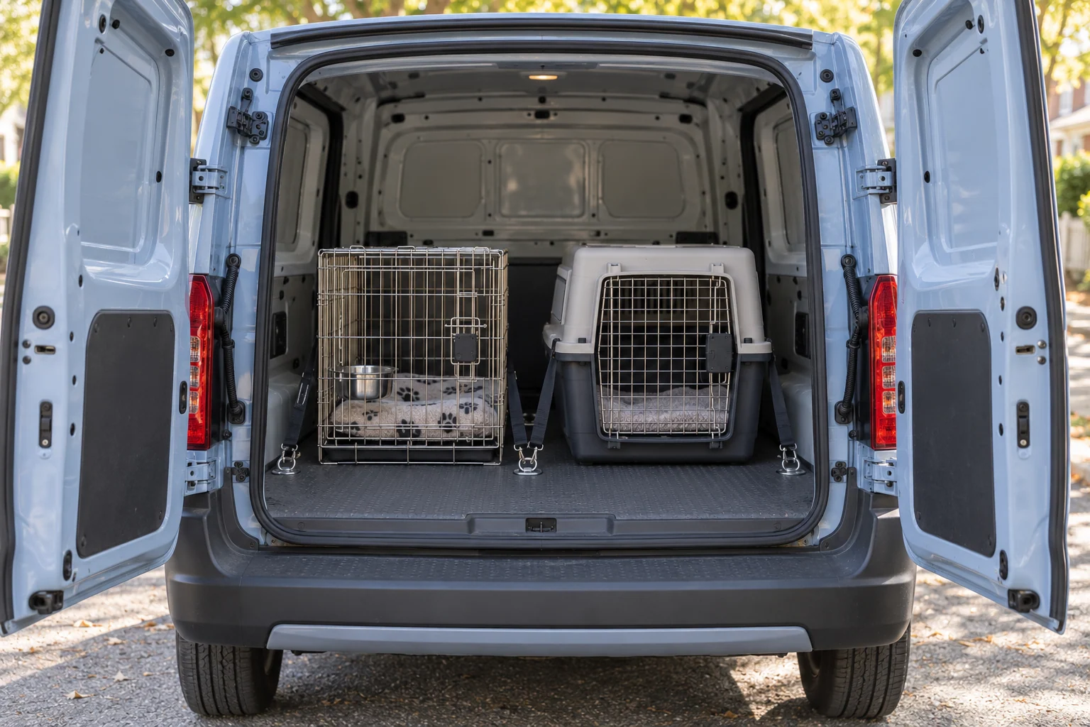 Two travel crates secured with tie-down straps inside a practical van load bay