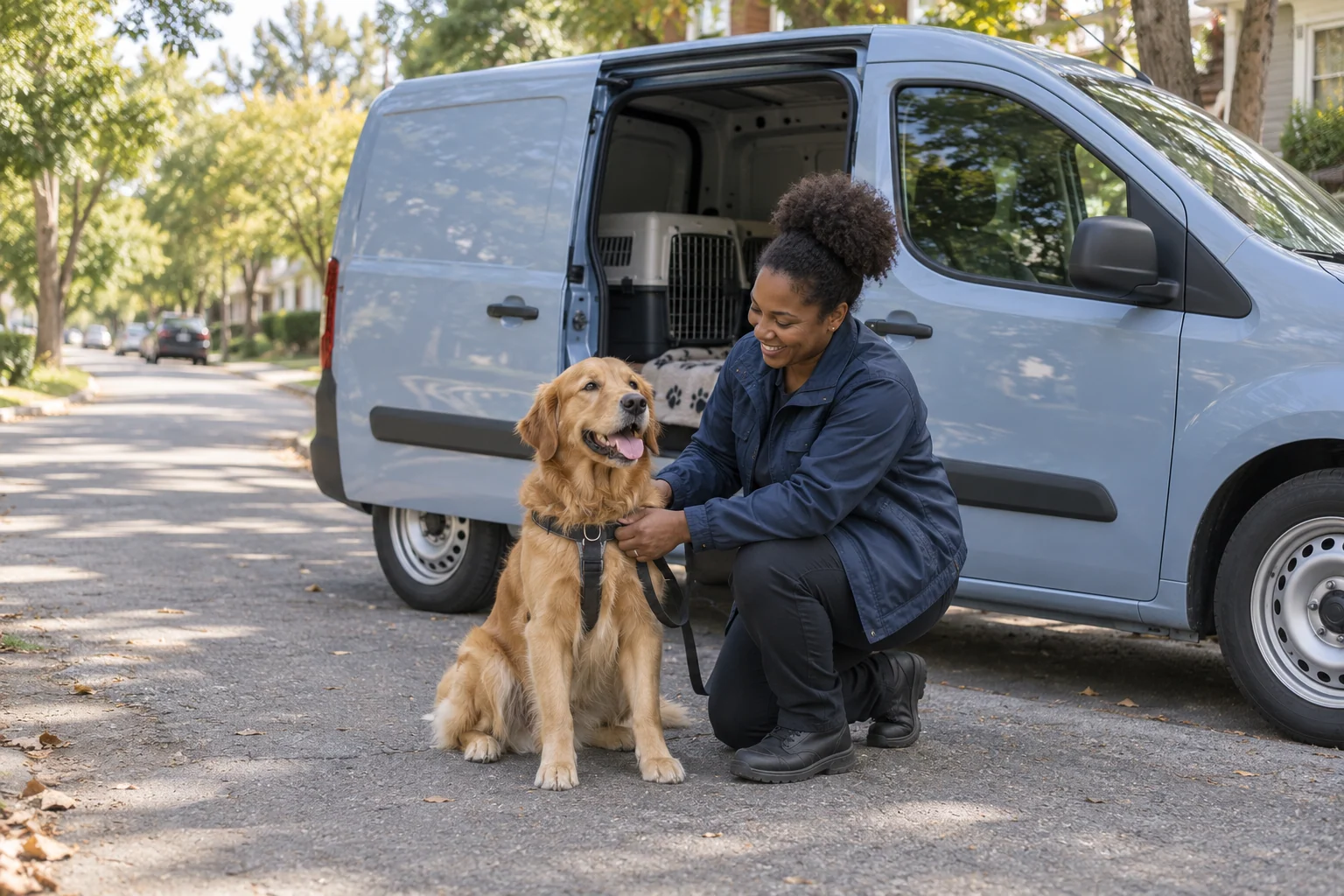 A driver checking a golden retriever’s harness beside the open side door of a light blue-grey van