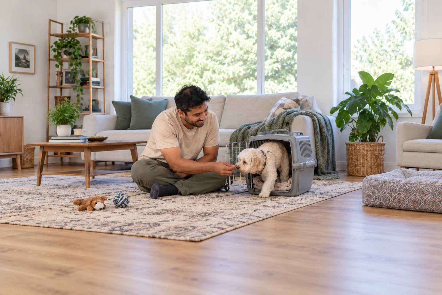 An owner offering a treat beside his small dog’s open travel carrier at home