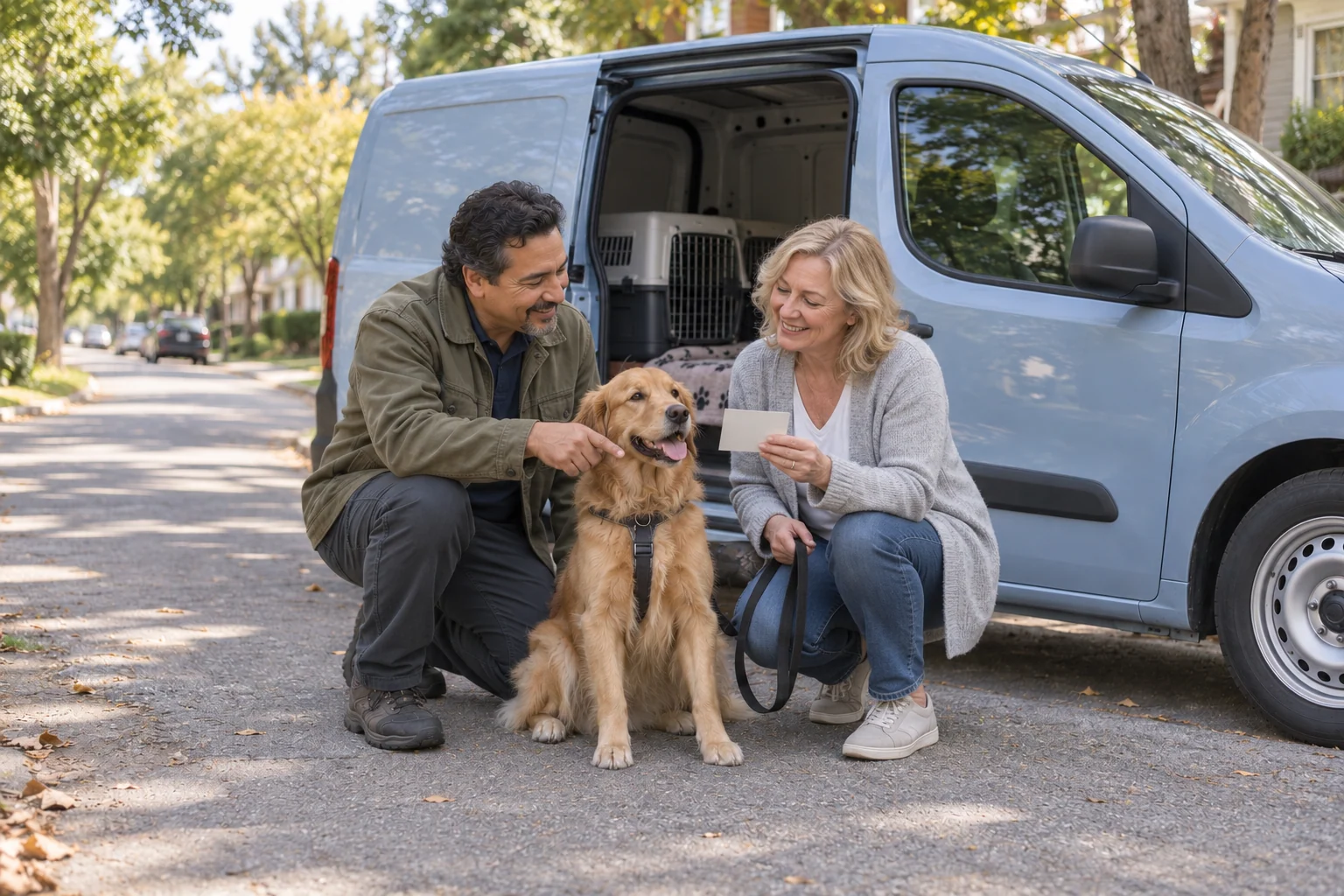 An owner and driver reading a handover note beside her dog and a parked van