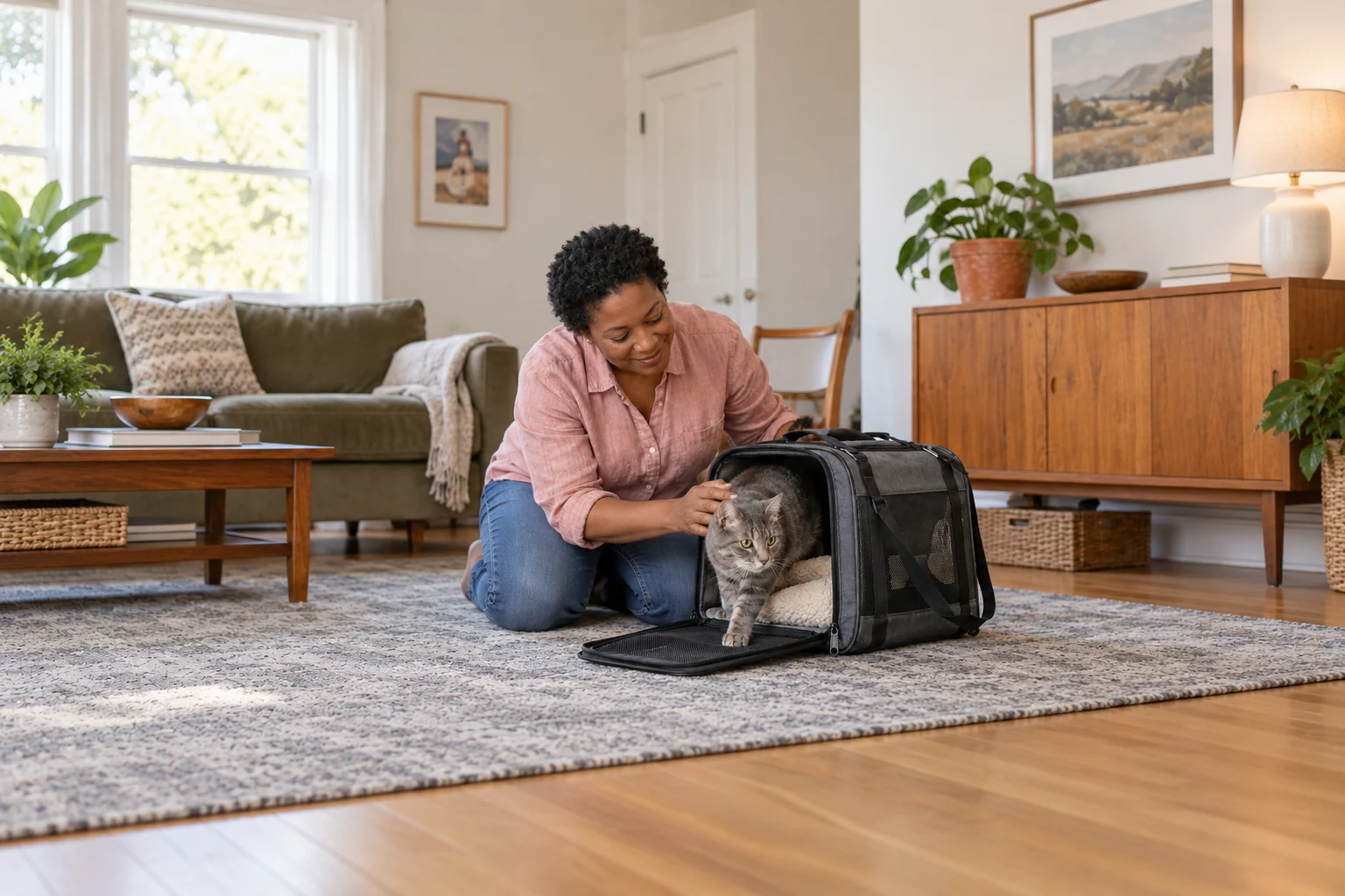 An owner beside her grey tabby cat in an open soft-sided carrier at home