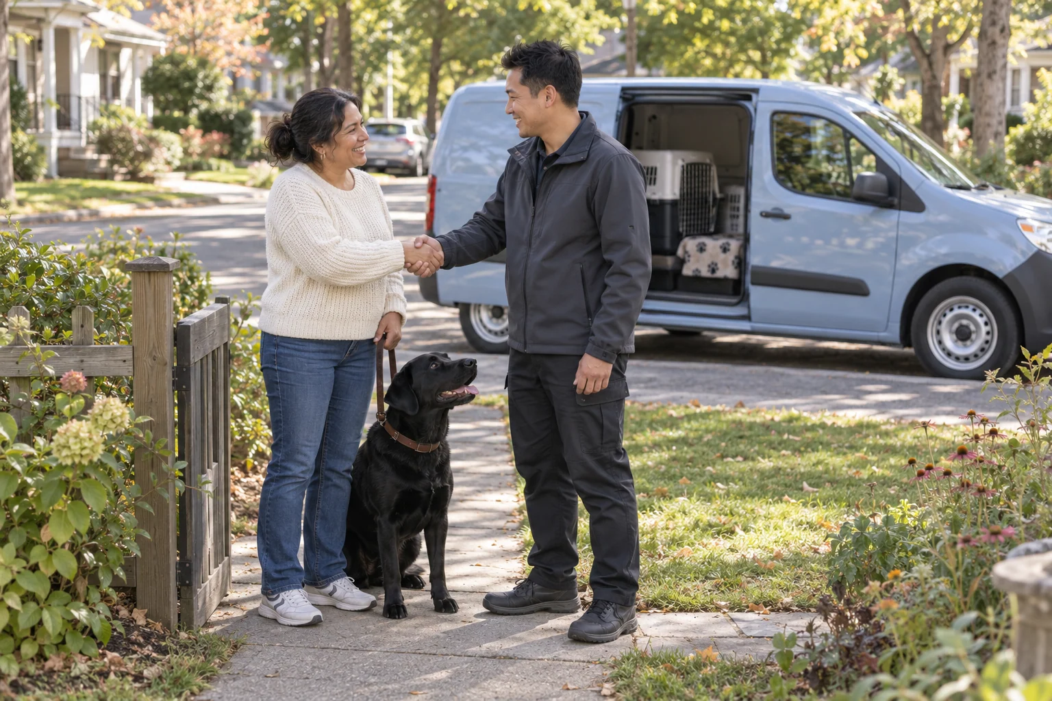 An owner greeting a driver at her garden gate while her black Labrador waits on a loose lead