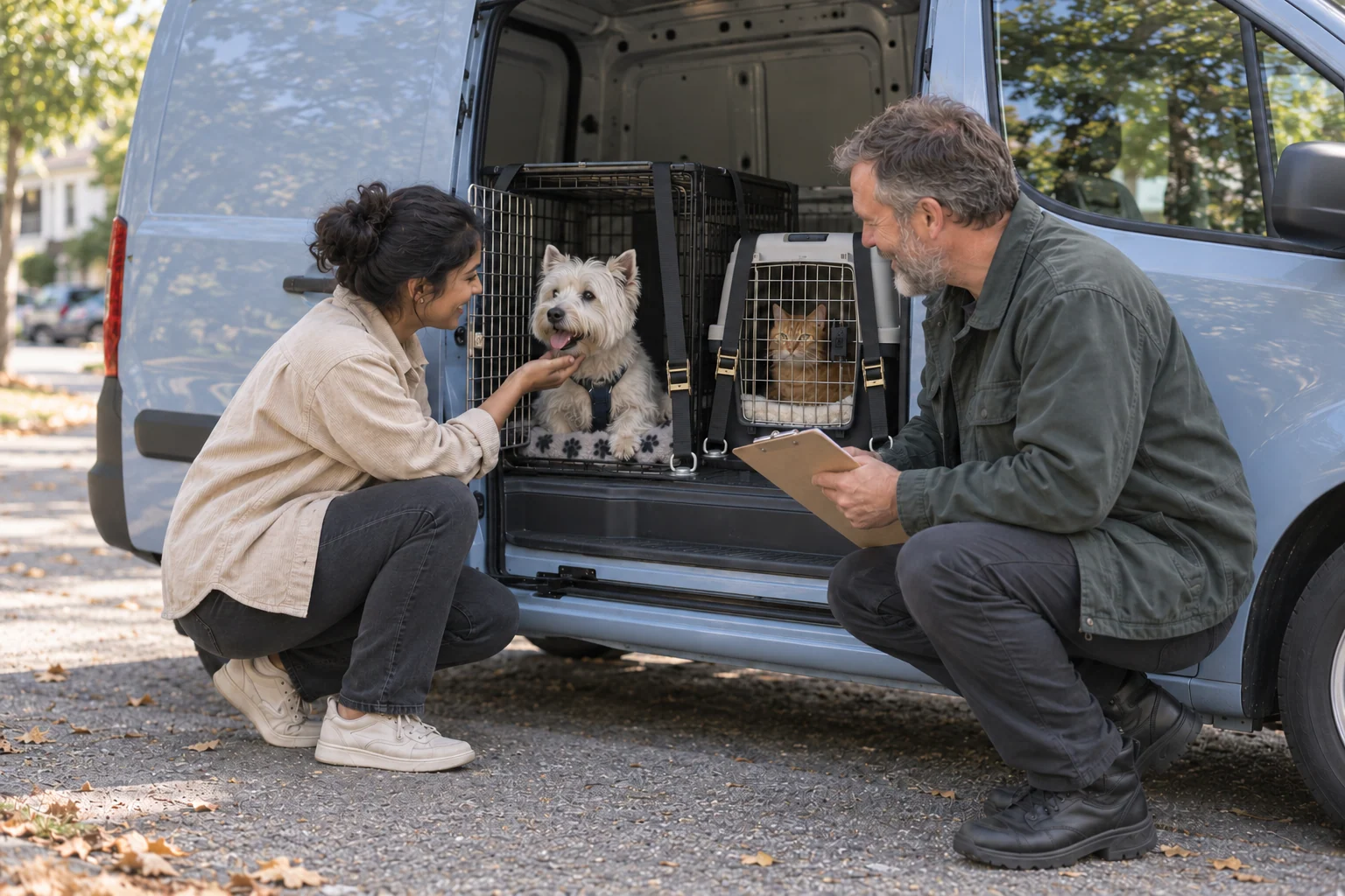 Two team members checking on a terrier in a travel crate, beside a cat in a separate closed carrier