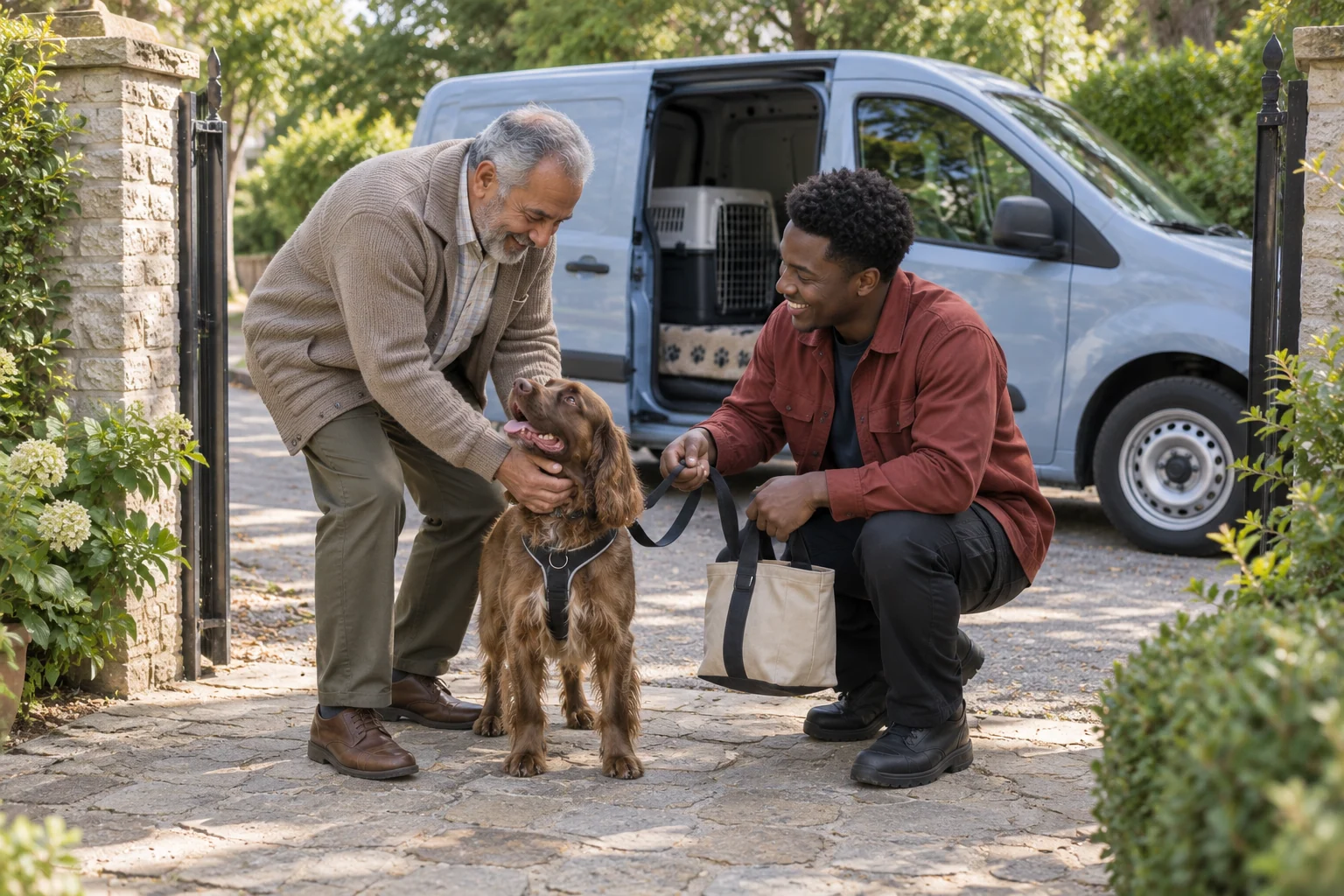 A driver returning a brown spaniel and its travel bag to its owner at a garden gate